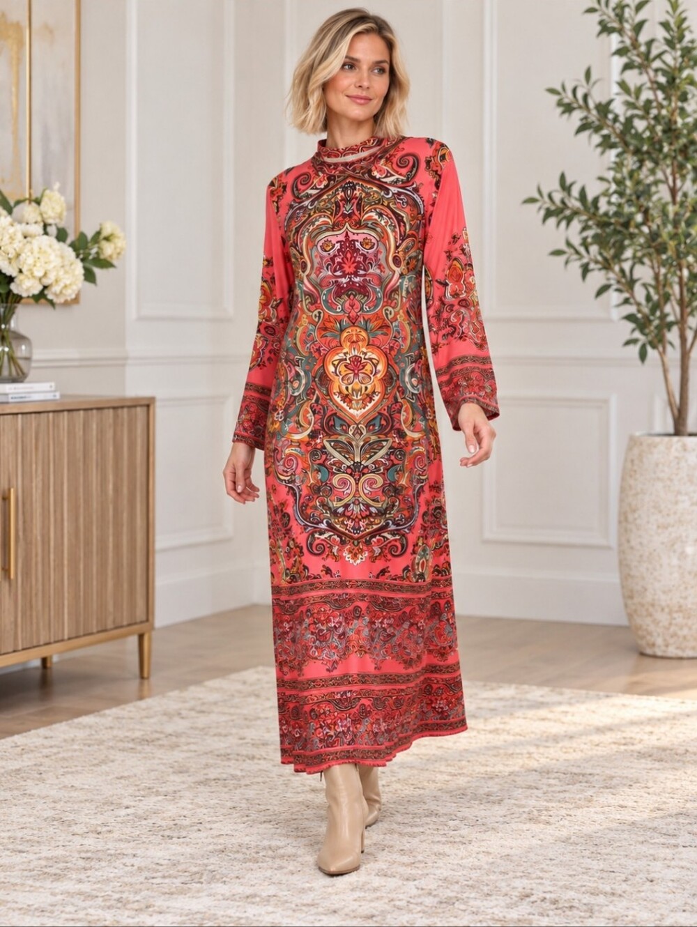 Boho Chic Coral Paisley Maxi Dress – Vibrant Vintage-Inspired Statement
